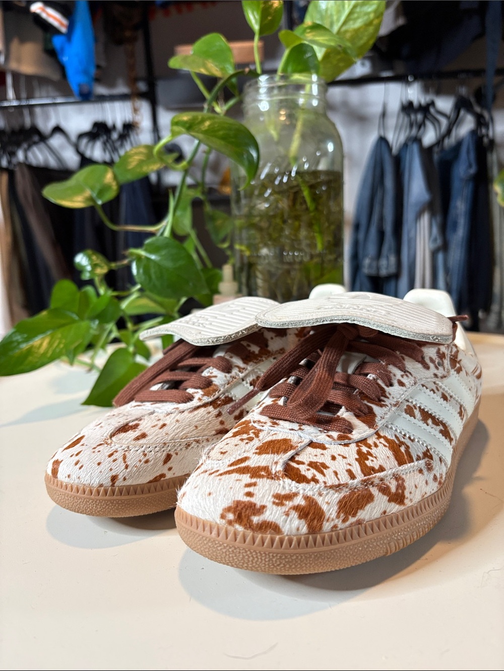 adidas White and Brown Spot Pattern Sneakers